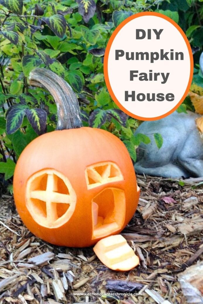 image of DIY Pumpkin Fairy House sitting in a garden