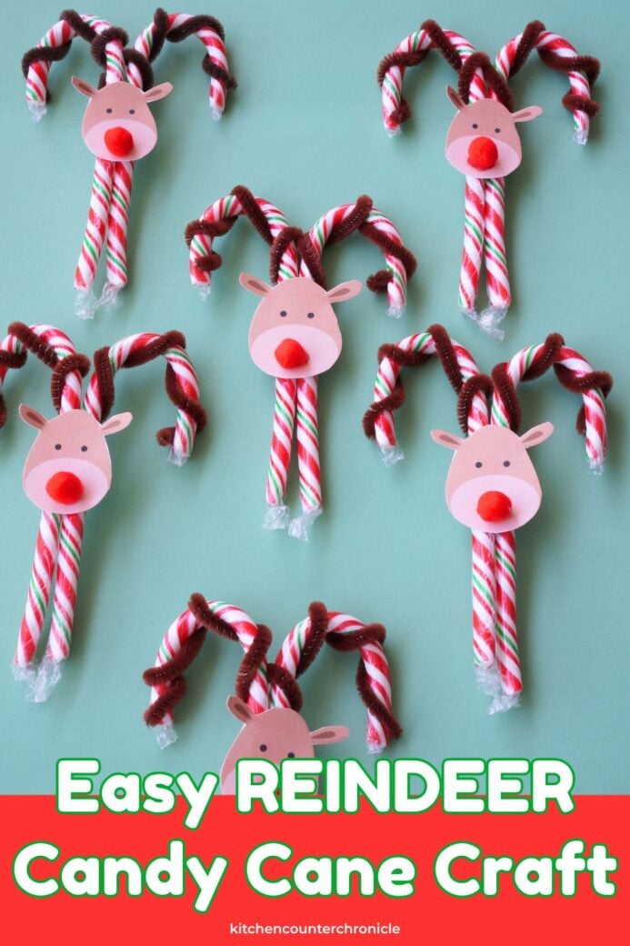 6 candy cane reindeer with pom pom noses and pipe cleaner wrapped antlers