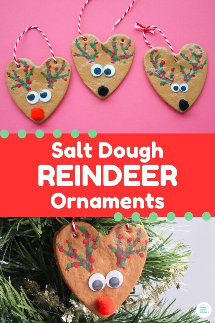image of 3 salt dough reindeer ornaments and rudolph ornament hanging in a tree with title "salt dough reindeer ornaments"
