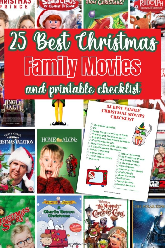 collage of family christmas movies and a printable 25 best family Christmas movies checklist pin