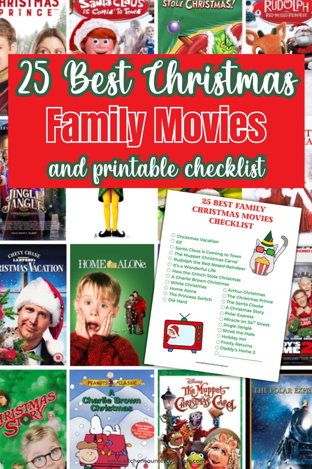 collage of family christmas movies and a printable 25 best family Christmas movies checklist pin