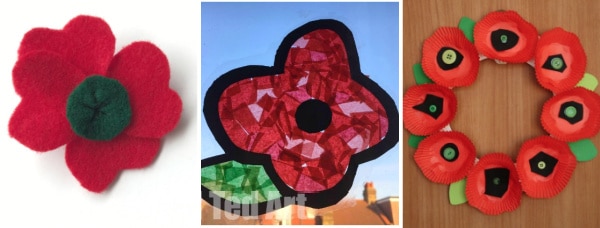 collage of poppy crafts for kids to make suncatcher felt poppy paper poppy wreath
