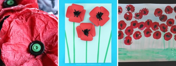collage of remembrance day crafts for kids coffee filter poppy bottle cap poppy painting
