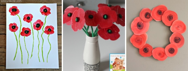 collage of remembrance day crafts fingerprint poppies melted was poppies and watercolour poppy