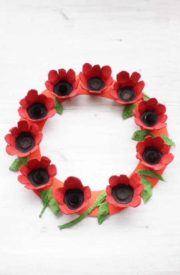 egg carton poppy flower wreath finished