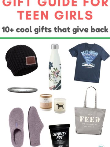 collage of gifts that give back for teen girls - slippers, jewelry, clothing and more