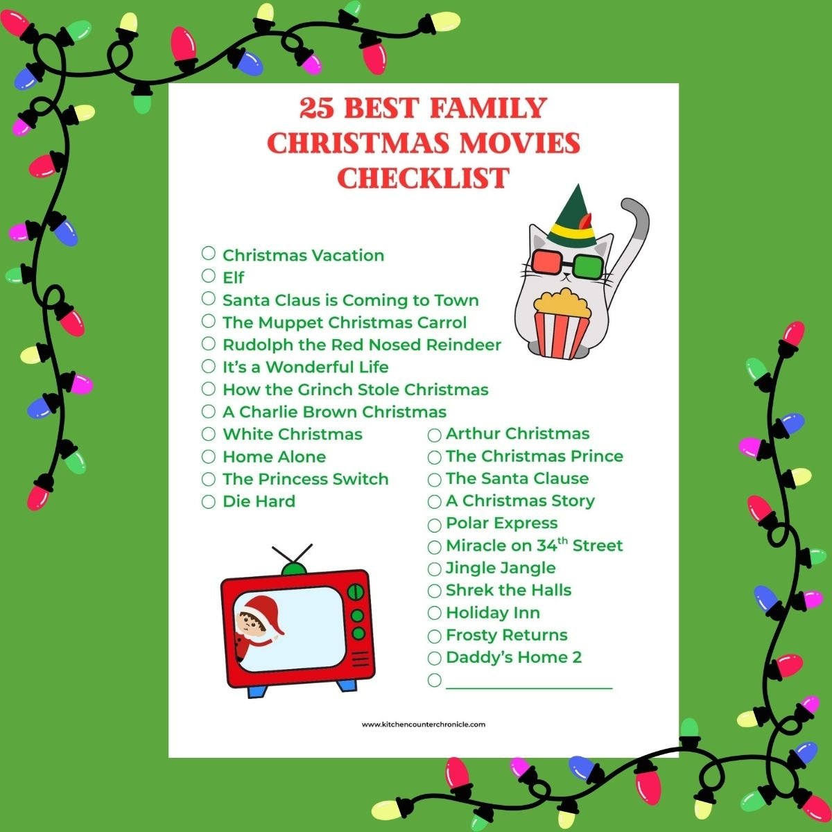 image of printable family christmas movie checklist featured