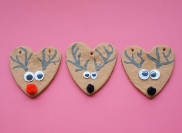 salt dough reindeer ornaments with antlers painted on