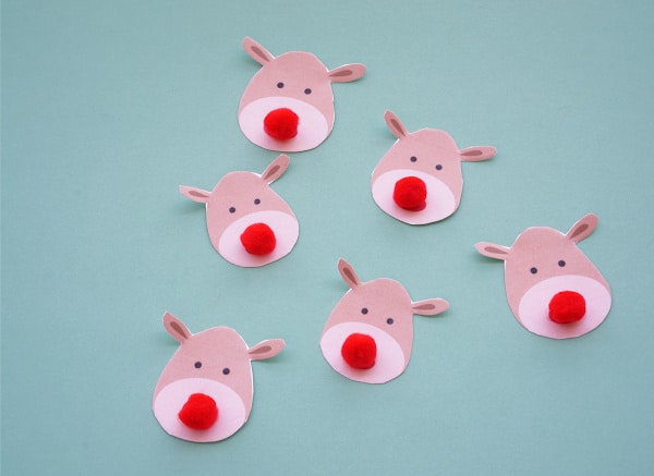 reindeer printable cut out with red pompom noses