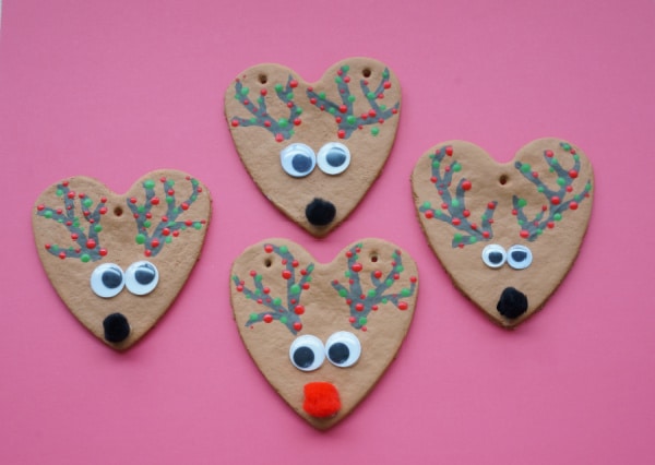 salt dough rudolph and reindeer with red and green dots on antlers