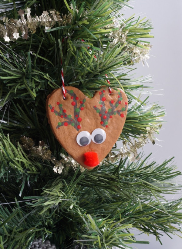 salt dough rudolph ornament in tree
