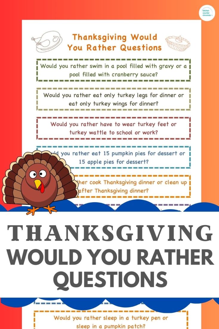 title "thanksgiving would you rather questions" with printable sheet of questions and cartoon turkey