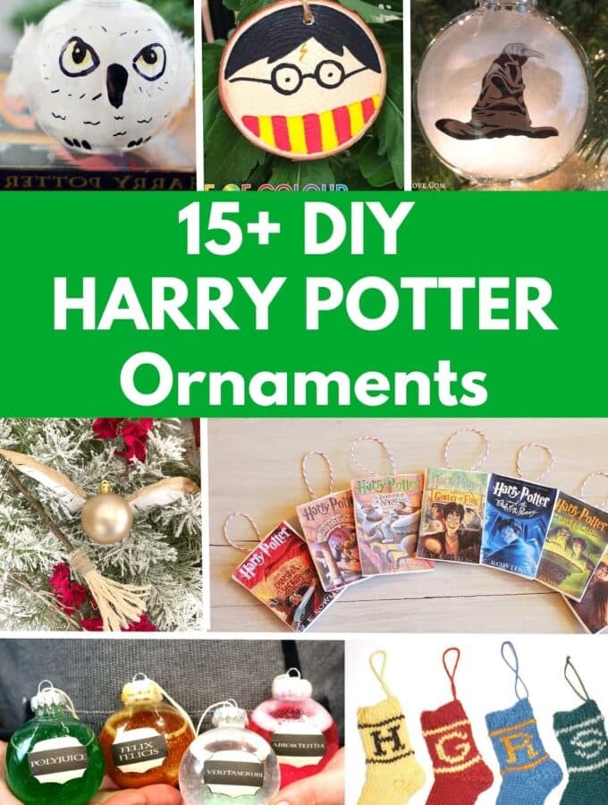 title "15+ harry potter ornaments" collage of Harry Potter ornaments