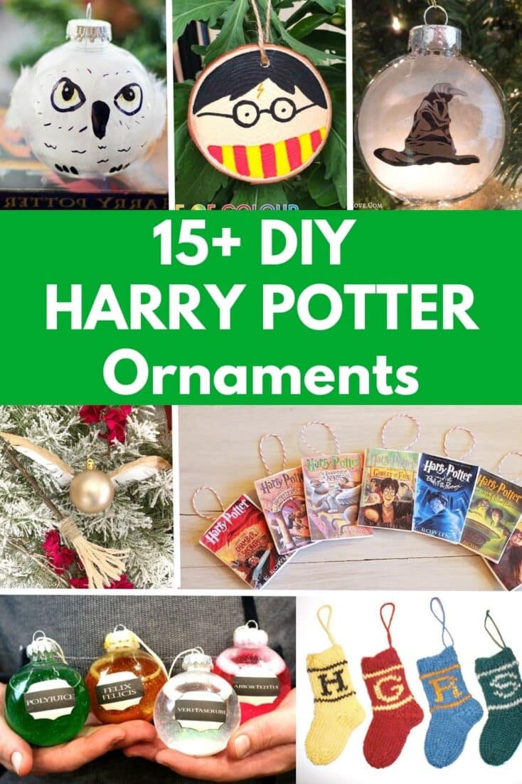 title "15+ harry potter ornaments" collage of Harry Potter ornaments