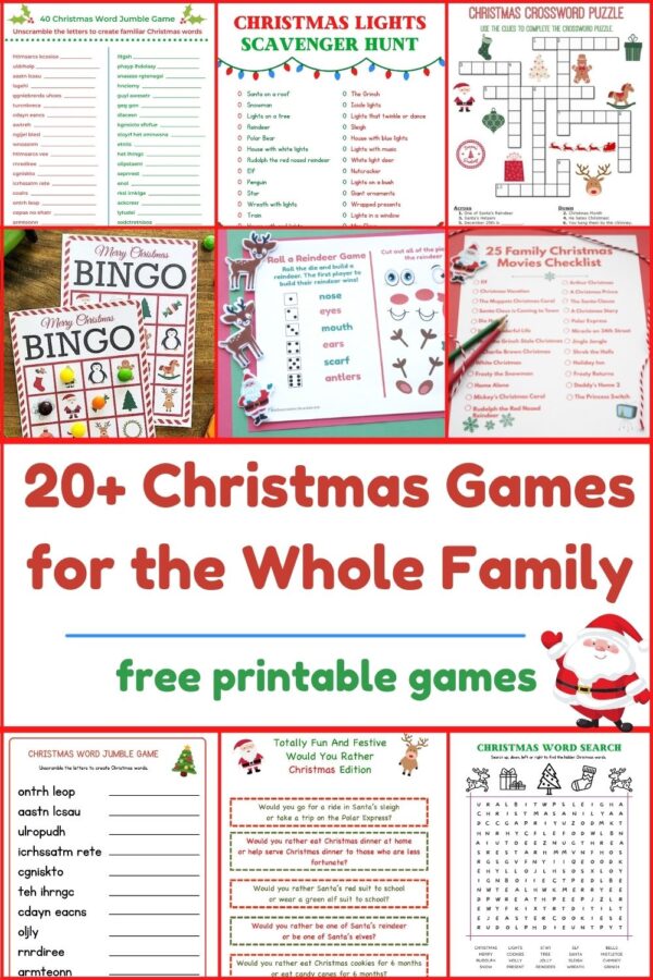 20 Printable christmas games for kids title and collage of many games