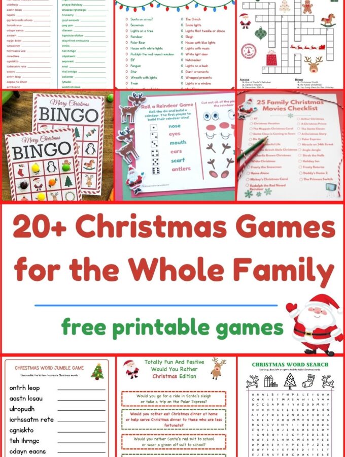 20 Printable christmas games for kids title and collage of many games