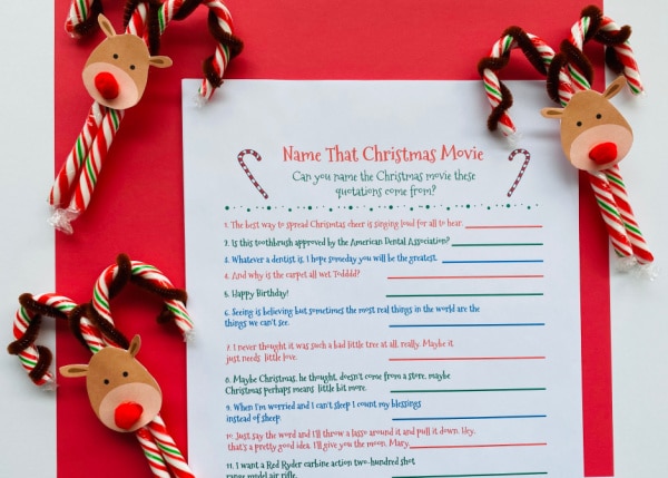 christmas movie game printed out with candy canes