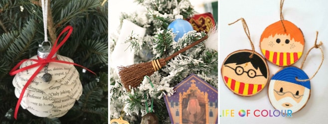 diy harry potter book ornaments, broomsticks, wood slices