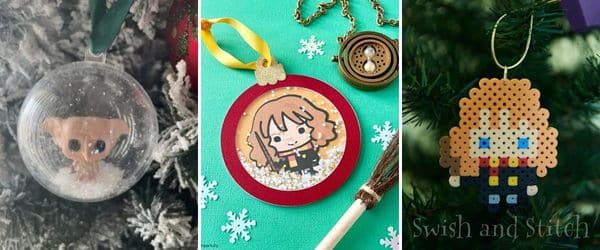 diy harry potter ornaments - dobby funko bauble, shaker Hermione ornament and Perler bead Harry Potter ornaments