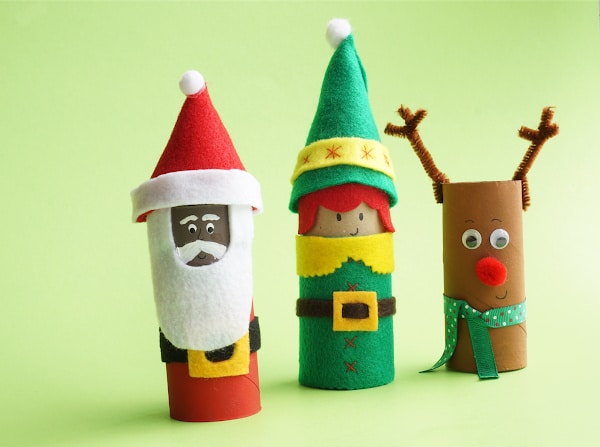 toilet roll crafts santa, elf and reindeer lined up