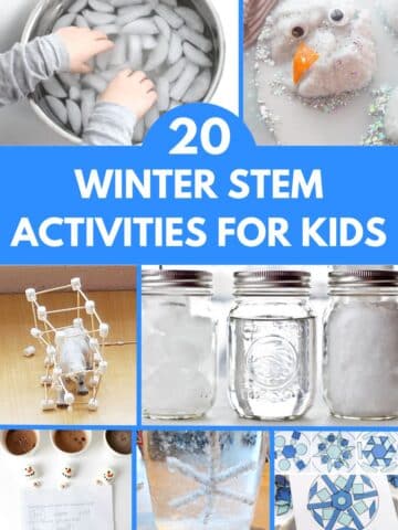 collage of winter stem activities - melting snowmen, building igloo, building snowflakes and hibernation