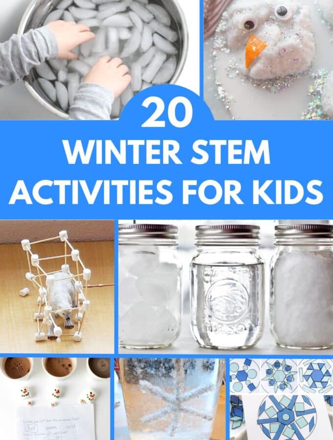 collage of winter stem activities - melting snowmen, building igloo, building snowflakes and hibernation