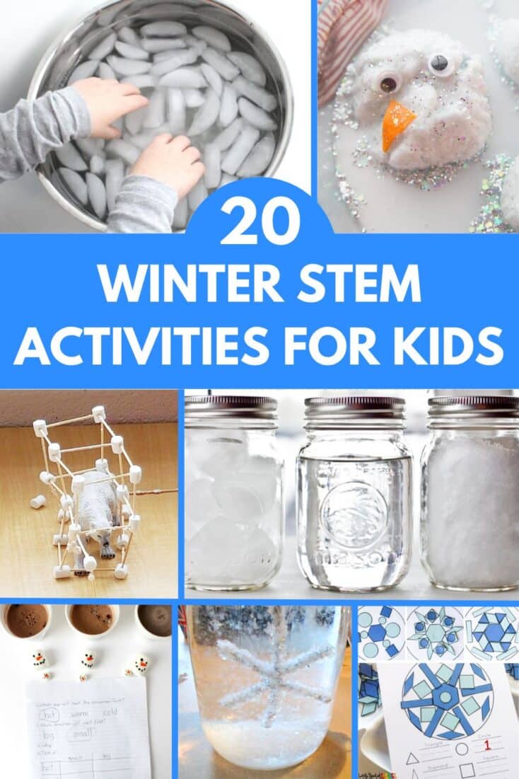 collage of winter stem activities - melting snowmen, building igloo, building snowflakes and hibernation