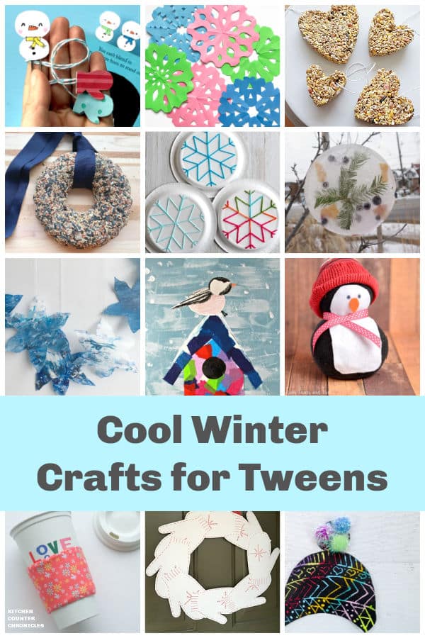 collage of cool winter crafts for tweens