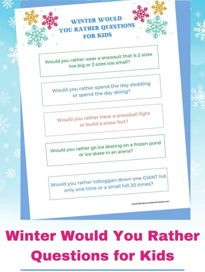 winter would you rather questions for kids printed out and title