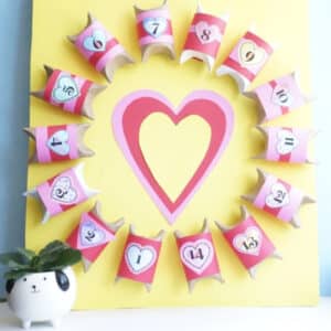 valentine countdown calendar finished on table with little plant