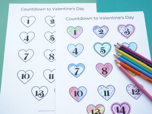 printable countdown to valentines day coloured hearts