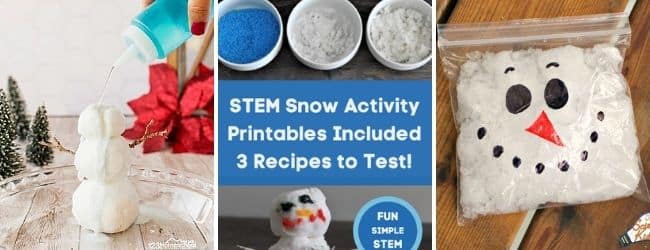 stem snow challenges for kids melt snowman fake snow snowman in bag