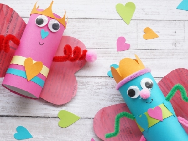 toilet paper roll love bugs with paper heart wings