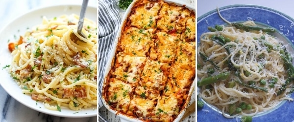 best pasta recipes for valentines day collage of lasagna carbonara and primavera