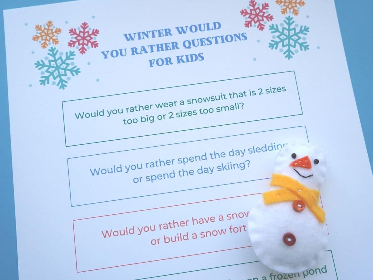 winter would you rather questions for kids printed out with snowman