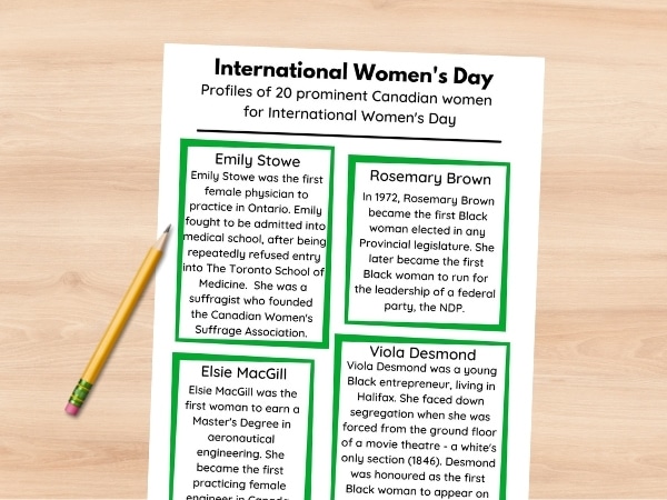 20 historic canadian women fact sheet printed out and on a table with a pencil