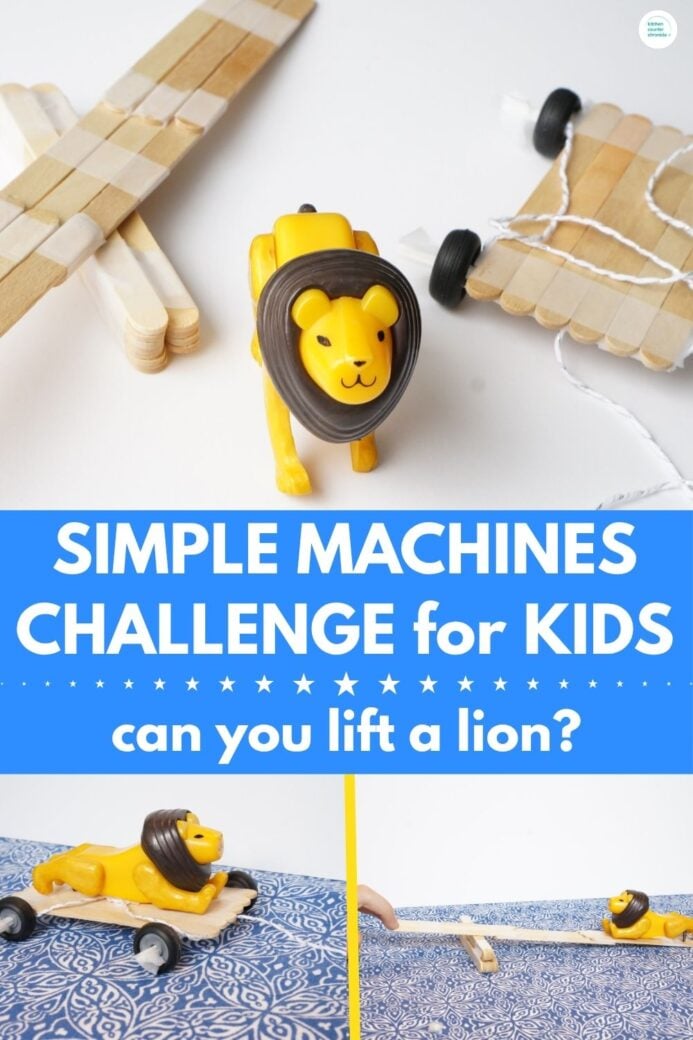 toy lion on kid-made lever and platform title Simple Machines Challenge for Kids - Can you Move a Lion