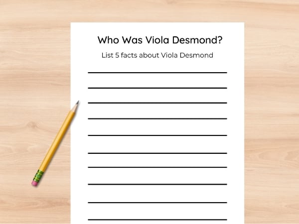 who was viola desmond worksheet printable on tabletop with pencil