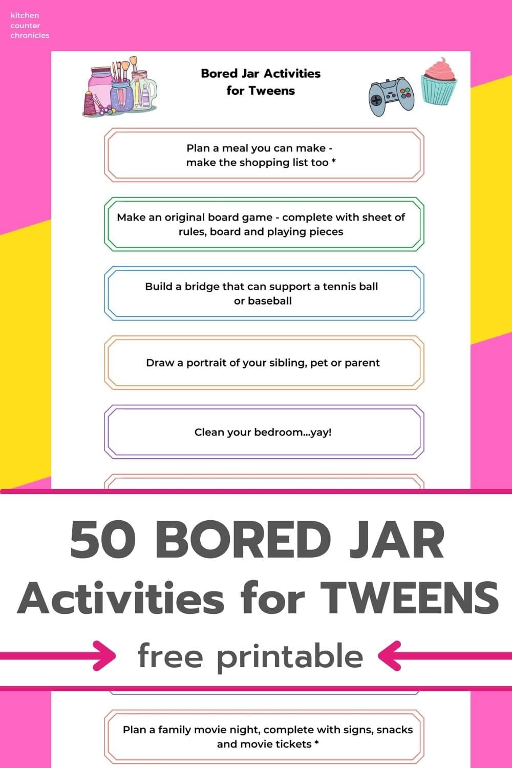 50 bored jar ideas for tweens printable and title
