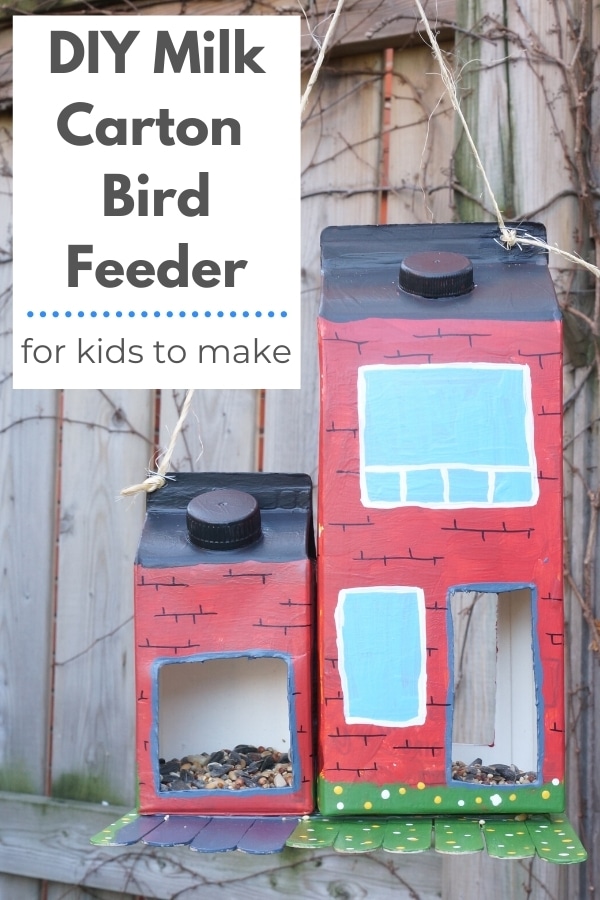 DIY bird feeder milk carton bird feeder hanging in tree