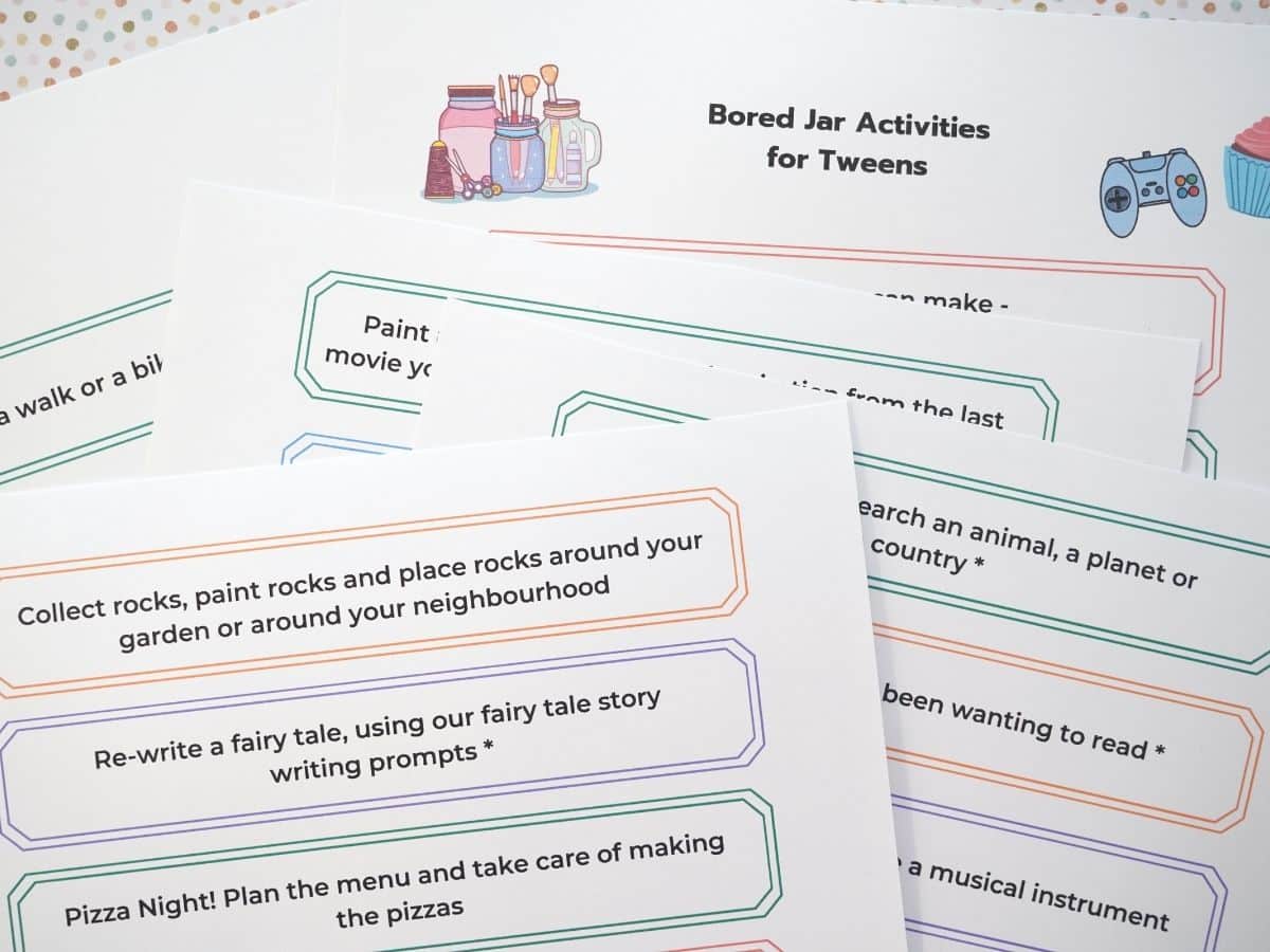 I'm bored jar printables on paper in a pile