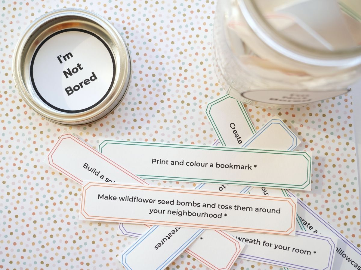 bored jar activities for tweens printed with mason jar labelled lid