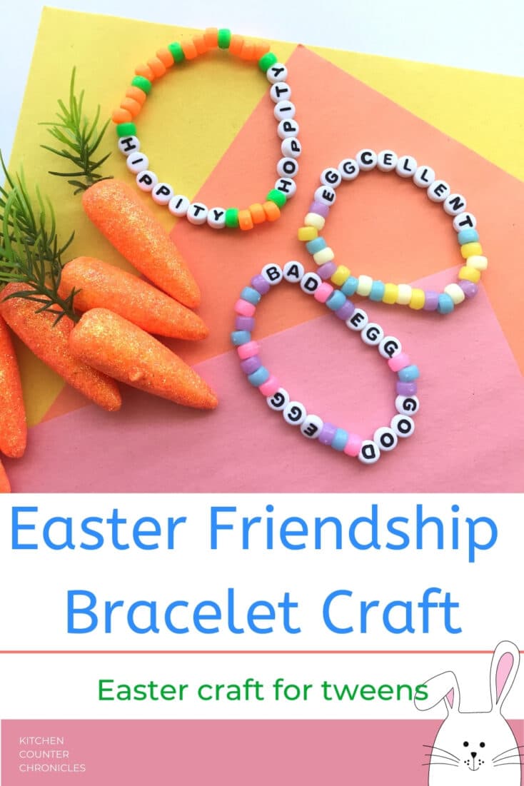 easter craft for tweens easter friendship bracelet on table with toy carrots