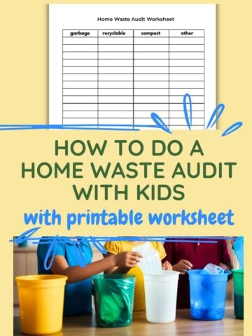 featured image for how to do a home waste audit with kids with printable worksheet and kids sorting garbage