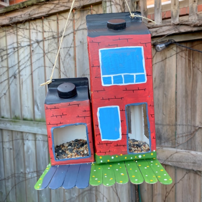 final diy bird feeder hanging in the tree