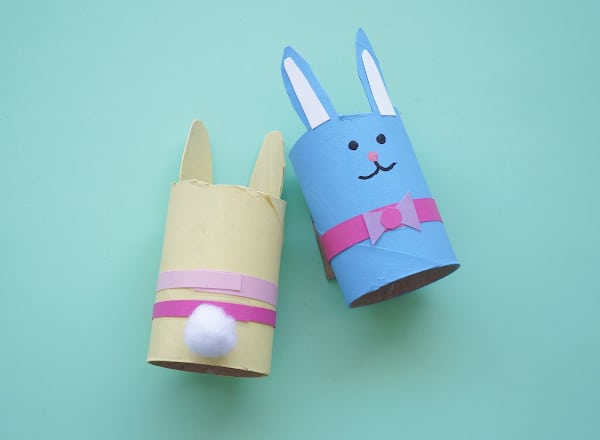 pompom tail glued on toilet paper roll bunny