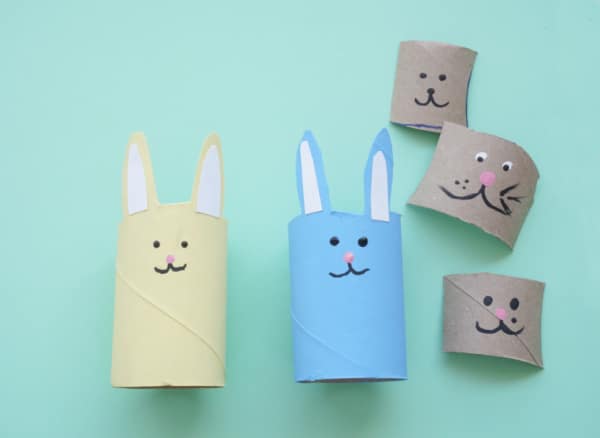 toilet paper easter bunny faces painted on and three practice faces