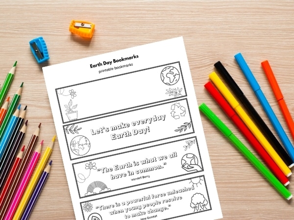 earth day printable bookmarks with pencils and crayons