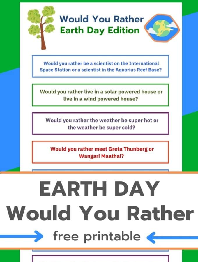 earth day would you rather questions for kids pin image with title and sheet of printable