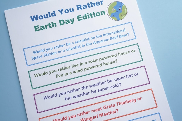 earth day would you rather questions for kids printed out on paper